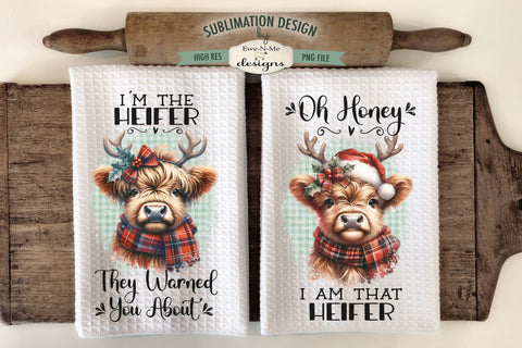 Funny Christmas Highland Cow Kitchen Towel Sublimation PNG Sublimation Ewe-N-Me Designs 