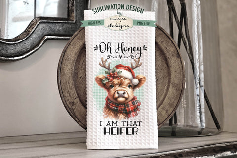 Funny Christmas Highland Cow Kitchen Towel Sublimation PNG Sublimation Ewe-N-Me Designs 