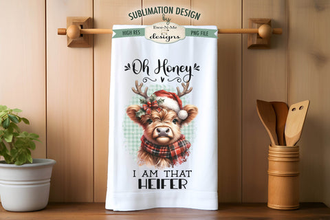 Funny Christmas Highland Cow Kitchen Towel Sublimation PNG Sublimation Ewe-N-Me Designs 