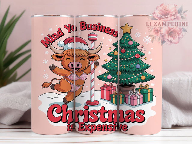 Funny Christmas Highland Cow Tumbler, Christmas Cow Wrap, 20Oz Skinny Tumbler, Rustic Farmhouse Sublimation, Mind Yo Business Design, Cute Holiday Cow Tumbler, Festive Country Wrap Sublimation Li Zamperini 