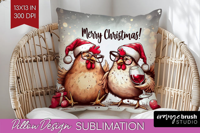 Funny Christmas Pillow Sublimation, Chicken Pillow Cover PNG Sublimation OrangeBrushStudio 