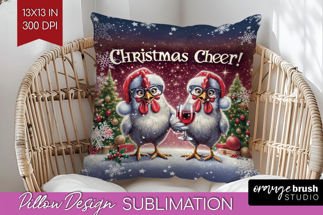 Funny Christmas Pillow Sublimation, Chicken Pillow Cover PNG Sublimation OrangeBrushStudio 