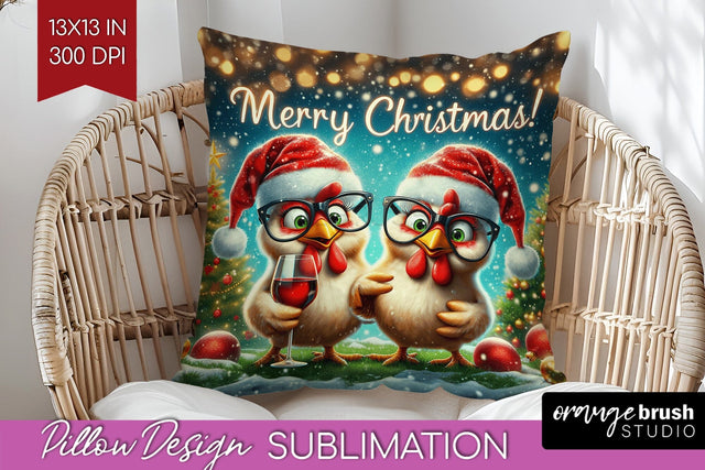 Funny Christmas Pillow Sublimation, Chicken Pillow Cover PNG Sublimation OrangeBrushStudio 