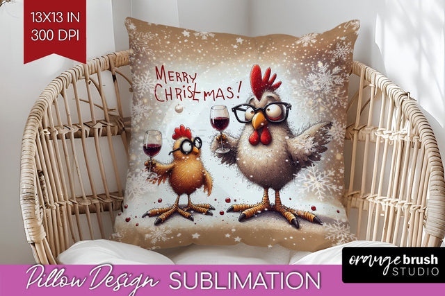Funny Christmas Pillow Sublimation, Chicken Pillow Cover PNG Sublimation OrangeBrushStudio 
