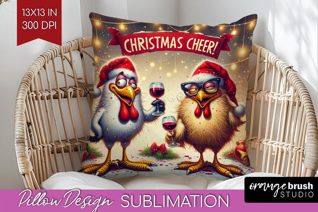 Funny Christmas Pillow Sublimation, Chicken Pillow Cover PNG Sublimation OrangeBrushStudio 