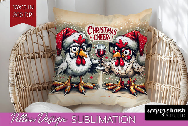 Funny Christmas Pillow Sublimation, Chicken Pillow Cover PNG Sublimation OrangeBrushStudio 