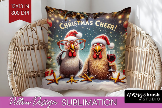 Funny Christmas Pillow Sublimation, Chicken Pillow Cover PNG Sublimation OrangeBrushStudio 