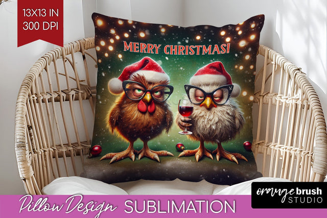 Funny Christmas Pillow Sublimation, Chicken Pillow Cover PNG Sublimation OrangeBrushStudio 