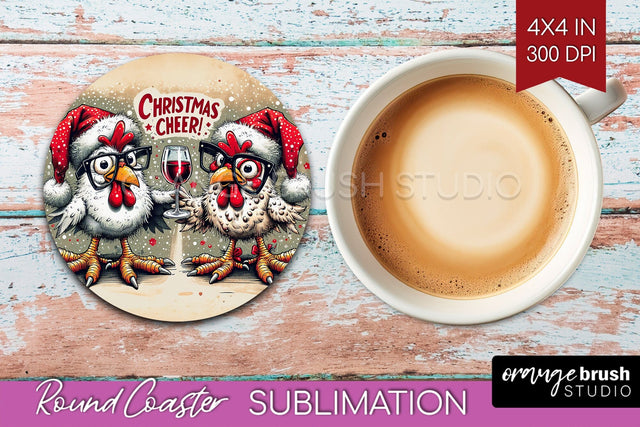 Funny Christmas Round Coaster - Chicken Coaster Sublimation Sublimation OrangeBrushStudio 