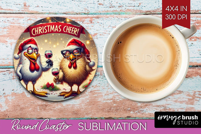 Funny Christmas Round Coaster - Chicken Coaster Sublimation Sublimation OrangeBrushStudio 