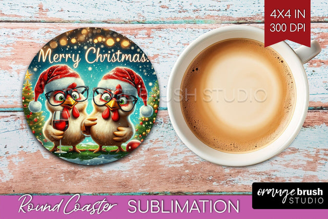 Funny Christmas Round Coaster - Chicken Coaster Sublimation Sublimation OrangeBrushStudio 