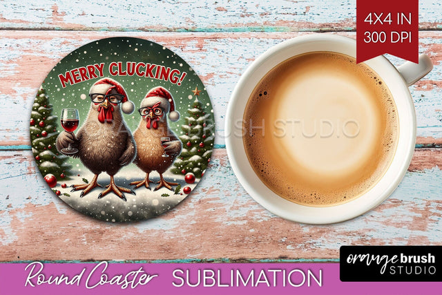 Funny Christmas Round Coaster - Chicken Coaster Sublimation Sublimation OrangeBrushStudio 