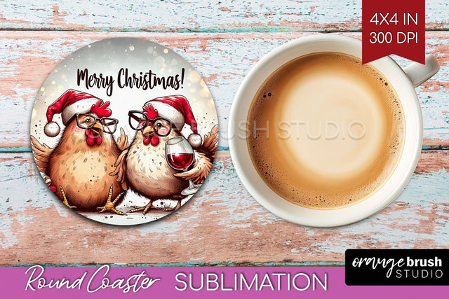 Funny Christmas Round Coaster - Chicken Coaster Sublimation Sublimation OrangeBrushStudio 