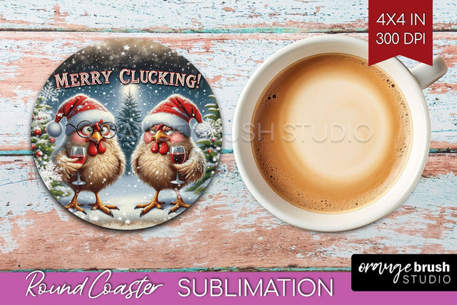 Funny Christmas Round Coaster - Chicken Coaster Sublimation Sublimation OrangeBrushStudio 