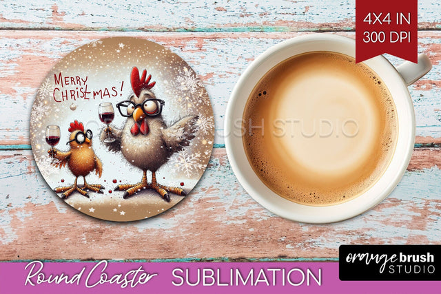 Funny Christmas Round Coaster - Chicken Coaster Sublimation Sublimation OrangeBrushStudio 