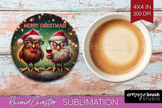 Funny Christmas Round Coaster - Chicken Coaster Sublimation Sublimation OrangeBrushStudio 