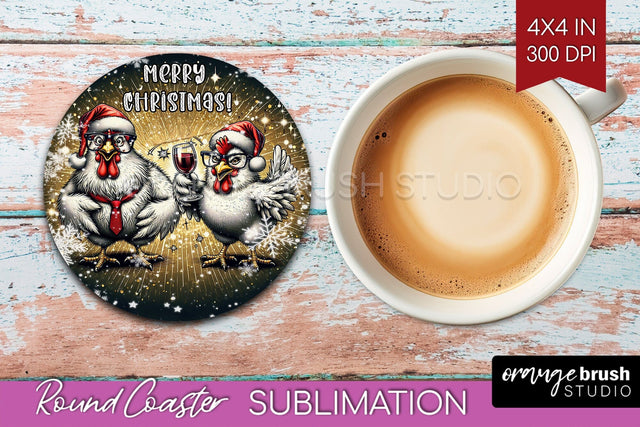 Funny Christmas Round Coaster - Chicken Coaster Sublimation Sublimation OrangeBrushStudio 
