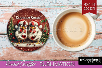 Funny Christmas Round Coaster - Chicken Coaster Sublimation Sublimation OrangeBrushStudio 