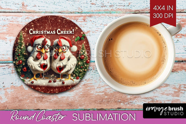 Funny Christmas Round Coaster - Chicken Coaster Sublimation Sublimation OrangeBrushStudio 