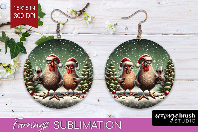 Funny Christmas Round Earrings, Chicken Earrings Sublimation Sublimation OrangeBrushStudio 