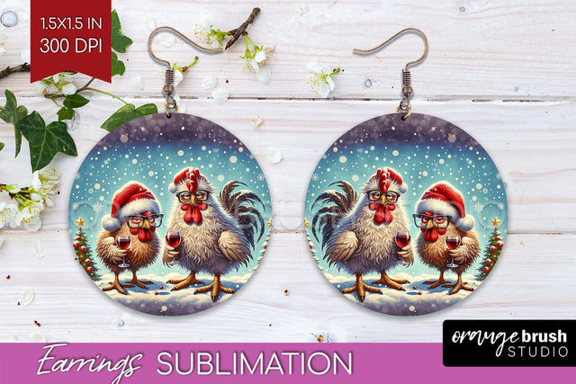 Funny Christmas Round Earrings, Chicken Earrings Sublimation Sublimation OrangeBrushStudio 