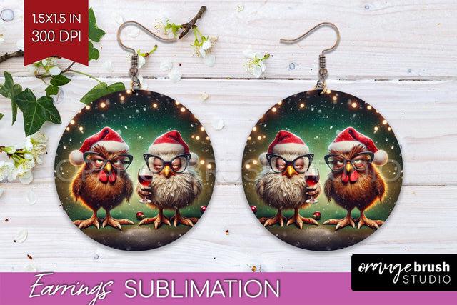 Funny Christmas Round Earrings, Chicken Earrings Sublimation Sublimation OrangeBrushStudio 