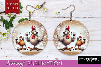 Funny Christmas Round Earrings, Chicken Earrings Sublimation Sublimation OrangeBrushStudio 