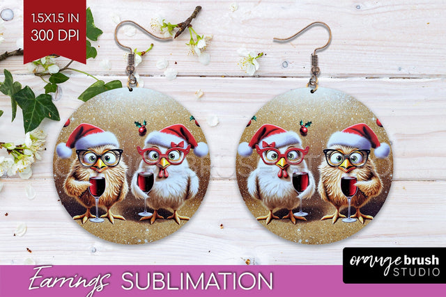 Funny Christmas Round Earrings, Chicken Earrings Sublimation Sublimation OrangeBrushStudio 