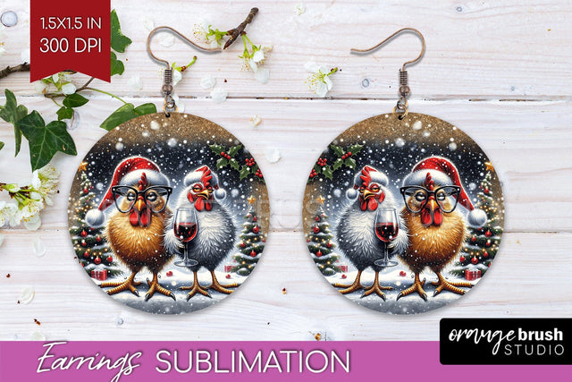 Funny Christmas Round Earrings, Chicken Earrings Sublimation Sublimation OrangeBrushStudio 
