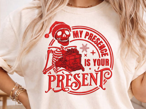 Funny Christmas Skeleton Embroidery Design, My Presence Is Your Present Machine Embroidery File, Sarcastic Santa Skull Holiday Embroidery/Applique DESIGNS DesignDestine 