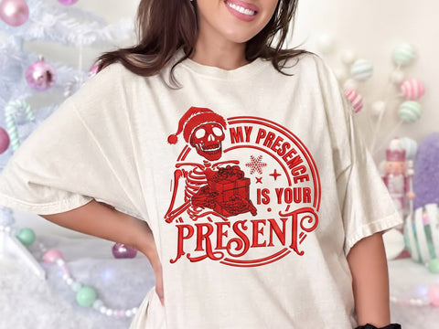 Funny Christmas Skeleton Embroidery Design, My Presence Is Your Present Machine Embroidery File, Sarcastic Santa Skull Holiday Embroidery/Applique DESIGNS DesignDestine 