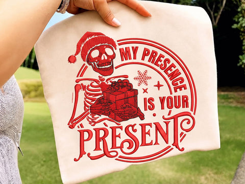 Funny Christmas Skeleton Embroidery Design, My Presence Is Your Present Machine Embroidery File, Sarcastic Santa Skull Holiday Embroidery/Applique DESIGNS DesignDestine 