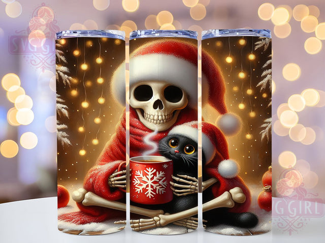 Funny Christmas Skull and Cat Tumbler, Skeleton & Cat Sublimation Design, Festive Holiday Cup Art, 20oz Xmas Tumbler, Whimsical Skeleton Mug, Stylish Cat Cup, Cozy Holiday Wrap Sublimation SvggirlplusArt 