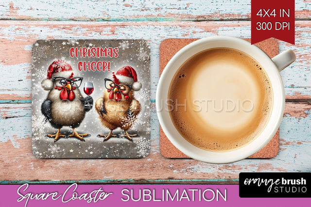 Funny Christmas Square Coaster - Chicken Coaster Sublimation Sublimation OrangeBrushStudio 