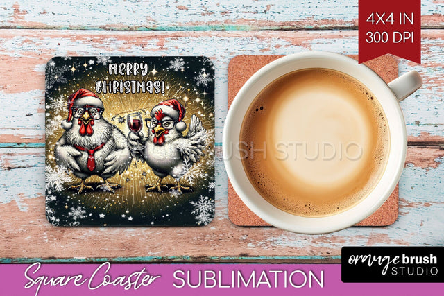 Funny Christmas Square Coaster - Chicken Coaster Sublimation Sublimation OrangeBrushStudio 