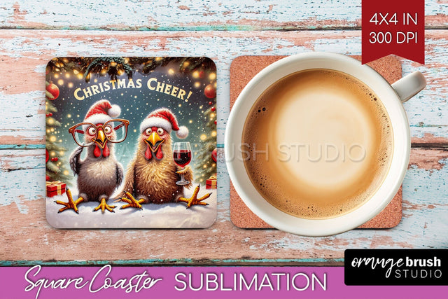 Funny Christmas Square Coaster - Chicken Coaster Sublimation Sublimation OrangeBrushStudio 