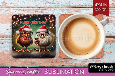 Funny Christmas Square Coaster - Chicken Coaster Sublimation Sublimation OrangeBrushStudio 