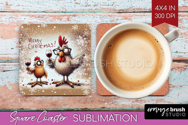Funny Christmas Square Coaster - Chicken Coaster Sublimation Sublimation OrangeBrushStudio 
