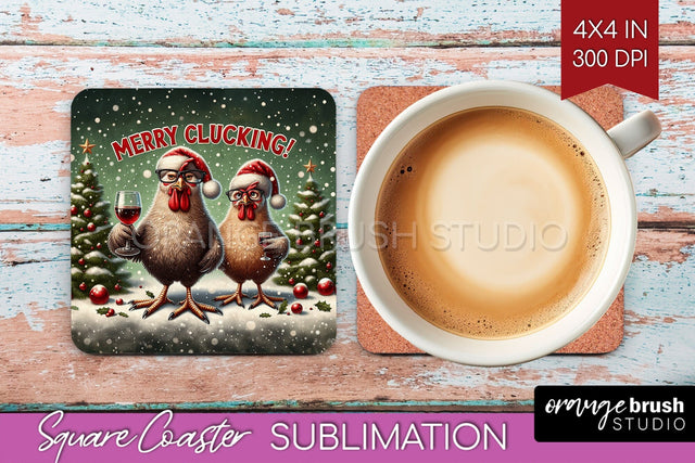 Funny Christmas Square Coaster - Chicken Coaster Sublimation Sublimation OrangeBrushStudio 
