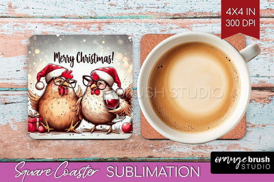Funny Christmas Square Coaster - Chicken Coaster Sublimation Sublimation OrangeBrushStudio 
