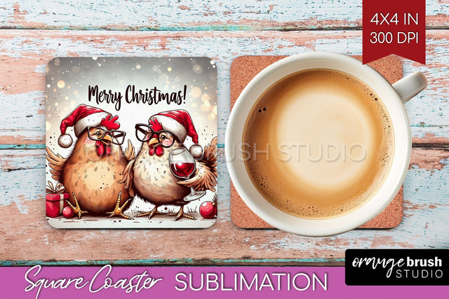 Funny Christmas Square Coaster - Chicken Coaster Sublimation Sublimation OrangeBrushStudio 