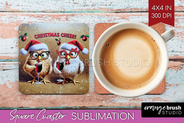 Funny Christmas Square Coaster - Chicken Coaster Sublimation Sublimation OrangeBrushStudio 