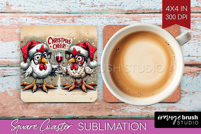 Funny Christmas Square Coaster - Chicken Coaster Sublimation Sublimation OrangeBrushStudio 