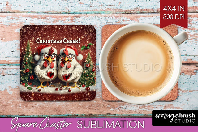 Funny Christmas Square Coaster - Chicken Coaster Sublimation Sublimation OrangeBrushStudio 