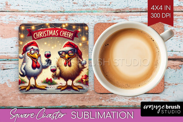 Funny Christmas Square Coaster - Chicken Coaster Sublimation Sublimation OrangeBrushStudio 