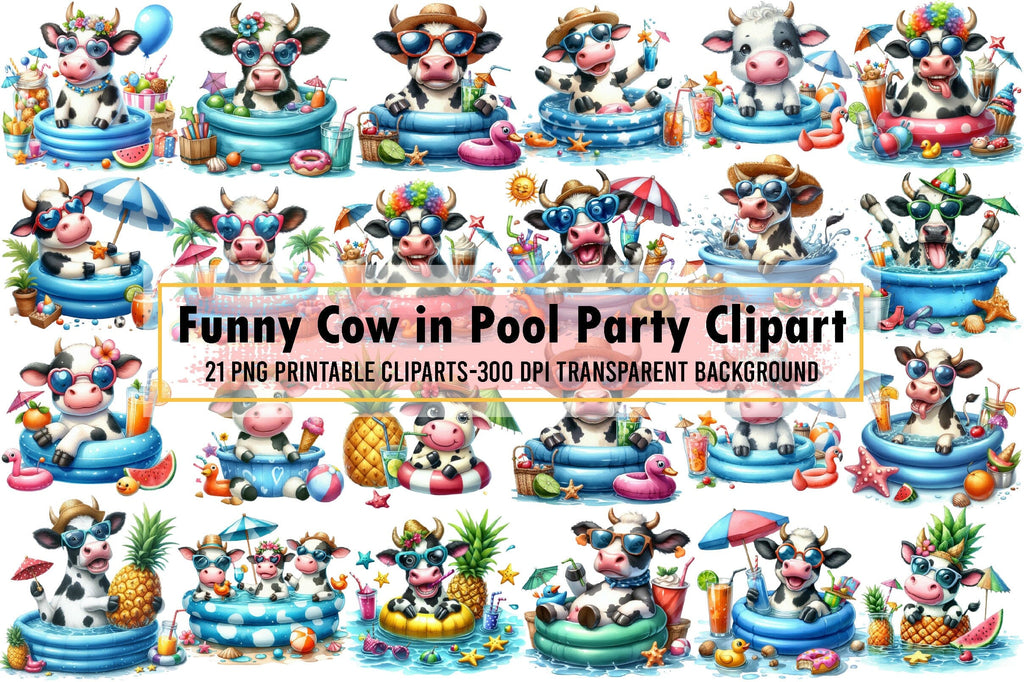 Funny Cow in Pool Party Clipart Bundle - So Fontsy