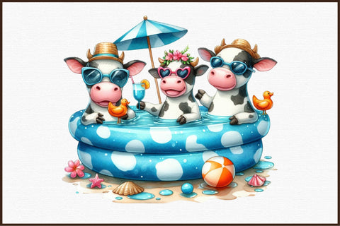 Funny Cow in Pool Party Clipart Bundle Sublimation designartist 