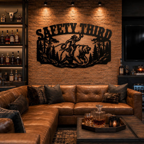 Funny Cowboy Laser SVG | Safety Third Bear Rider DXF File | Plasma CNC Cut File | Rustic Cabin Decor Laser Cut Design SVG HappyDesignStudio 