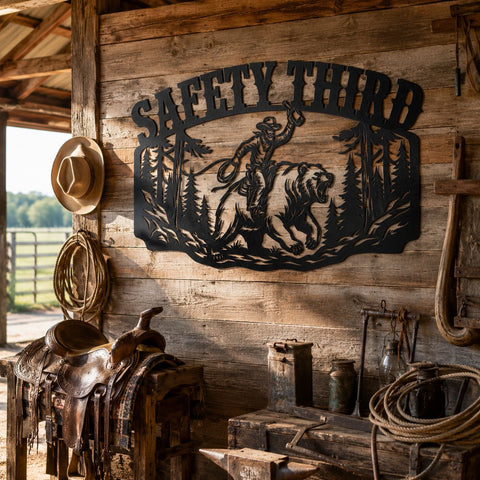 Funny Cowboy Laser SVG | Safety Third Bear Rider DXF File | Plasma CNC Cut File | Rustic Cabin Decor Laser Cut Design SVG HappyDesignStudio 