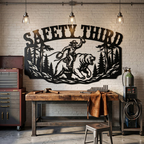 Funny Cowboy Laser SVG | Safety Third Bear Rider DXF File | Plasma CNC Cut File | Rustic Cabin Decor Laser Cut Design SVG HappyDesignStudio 